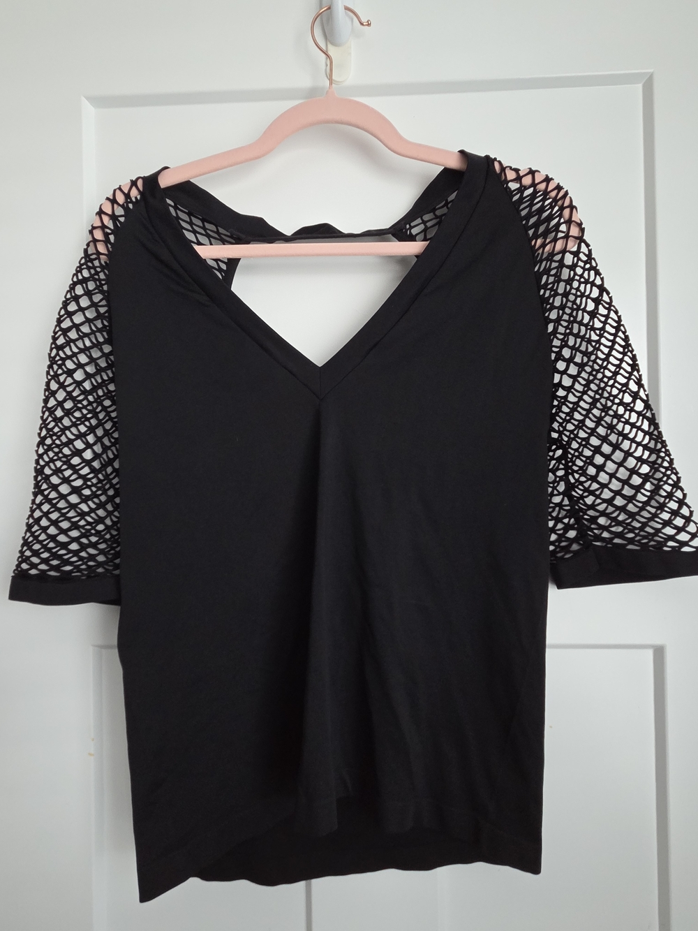 0041.  VENUS Black V-Neck Top with Fishnet Sleeve Detail